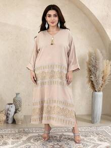 Plus Size Heavy Embroidery Gold & Silver Arabic Women's Summer Apricot Elegant Dress, JALABIA V-Neck With Tassel Collar, Slit Hem, Long Sleeve, Casual Vacation Outfit - Apricot - View 6