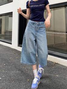 Quần lửng denim màu xanh nhạt, ống rộng, kiểu Mỹ, thích hợp mặc mùa hè. - Màu xanh nhạt - Xem 3