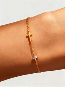 2pcs VceTd Minimalist Luxury Style Stainless Steel Women's Bracelet Set, Featuring Glass-Inlaid Four-Leaf Flower Design And Tennis Chain Design, Suitable For Daily Commute, Travel, Holiday Parties, Or As Valentine's Day Gift For Loved One - Yellow Gold - View 5