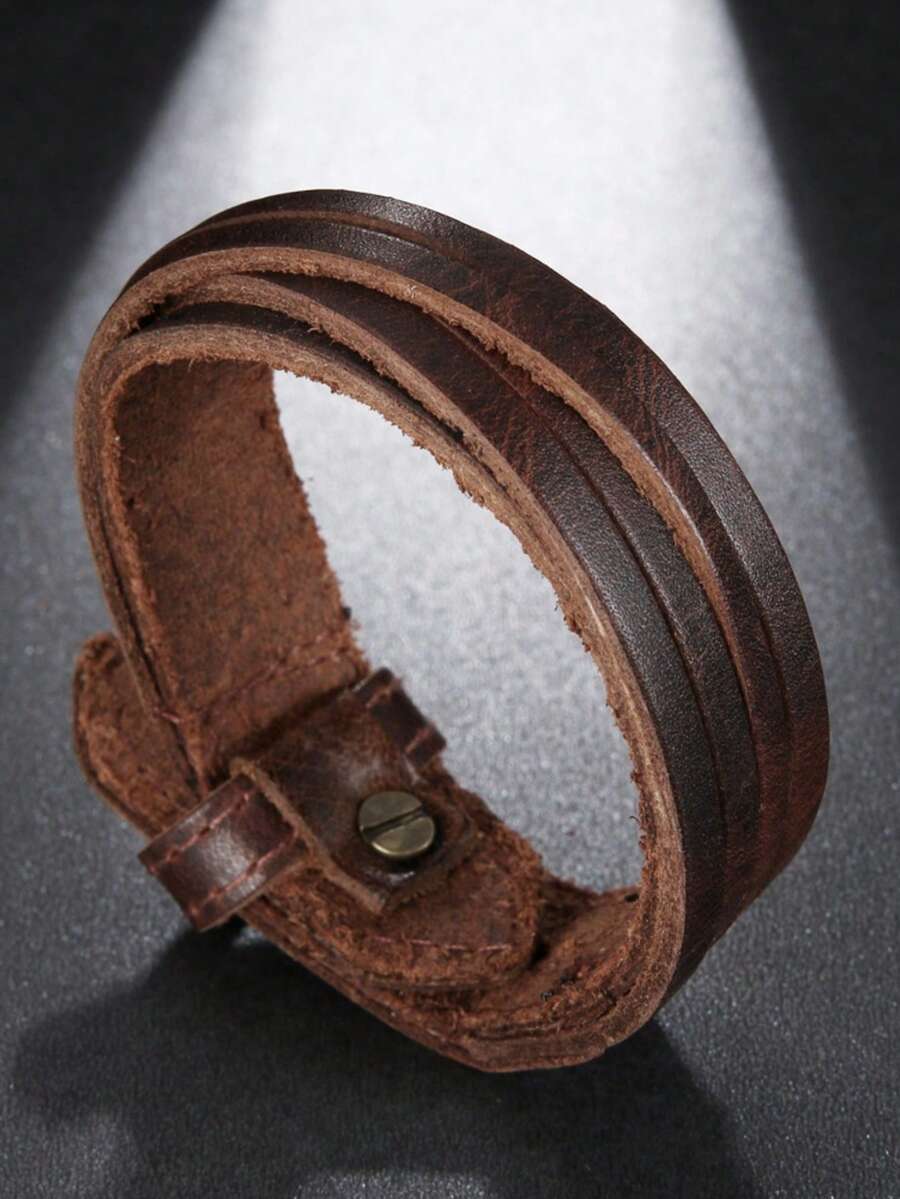 1pc Vintage Alloy Wide Leather Braided Cuff Bracelet, Suitable For Men's Daily Wear - Leather Bracelet - View 1
