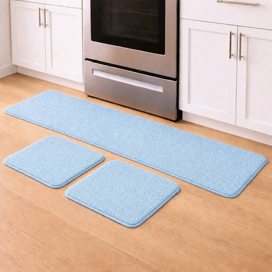 Set Of 3 Non-Slip Kitchen Mats, Low Pile, Washable - Baby Blue - View 1