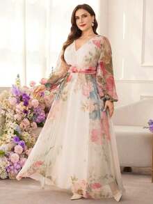 Vestido de línea A con cintura ceñida y estampado floral para mujer de talla grande - Multicolor - Ver 7
