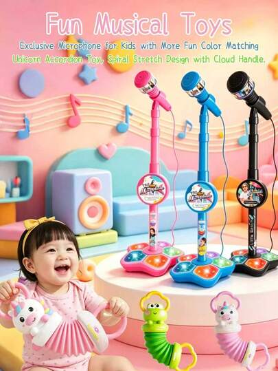 Kids Karaoke Machine, Singing Toy Gift, Rechargeable Children's Microphone Suitable For 4-6 Years Old Girls And Boys Birthday Party Toys. Adjustable Stand Fits Different Heights. Star-Shaped Base With Colorful LED Lights. Includes MP3 Connection Cable To Turn It Into A Mini Home Stage.