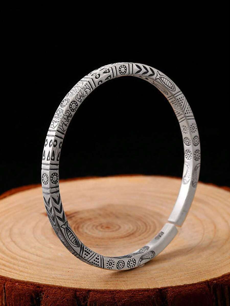 1pc Vintage Classic Square Design Open Bangle, Bohemian Cuff Bracelet, Suitable For Men's Daily Wear, Ideal Holiday Gift - Silver - View 1