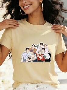 Group Portrait Design In Cartoon Style. Digital Print. Short Sleeves. Unisex. Pure Cotton. Loose And Comfortable. - Apricot - View 1