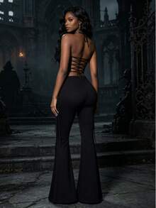 Gothic Lace Flared Pants Are A Must-Have For Women's High-Waisted Y2K Women's Retro And Sexy Slimming Pants In Fashionable OutfitsGothic Lace Bell Bottom Pants – High Waist Flare Pants With Cross Cutout, Sexy Clubwear Halloween Vampire Witchy Outfit, Festival Streetwear Fashion Must-Have - màu đen - Xem 3