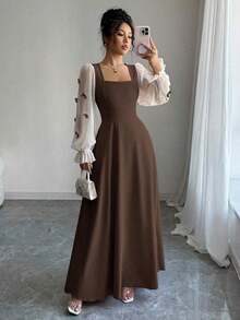 Vestido de mujer con parches tejidos, decoración de lazo y cintura ceñida - Marrón - Ver 12