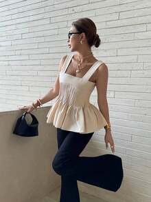 Top de tirantes con cuello cuadrado, bajo con volantes y pliegues en unicolor para mujer, versátil para uso diario, vacaciones y verano casual - Albaricoque - Ver 3