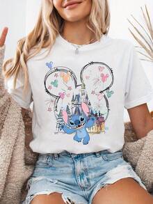 Disney T-shirt en coton pur à 100% style graphique simple et décontracté avec motif château Mickey Stitch - Doux et confortable col rond, manches courtes. Top mode streetwear pour toutes les saisons, streetwear décontracté - Blanc - Voir 1