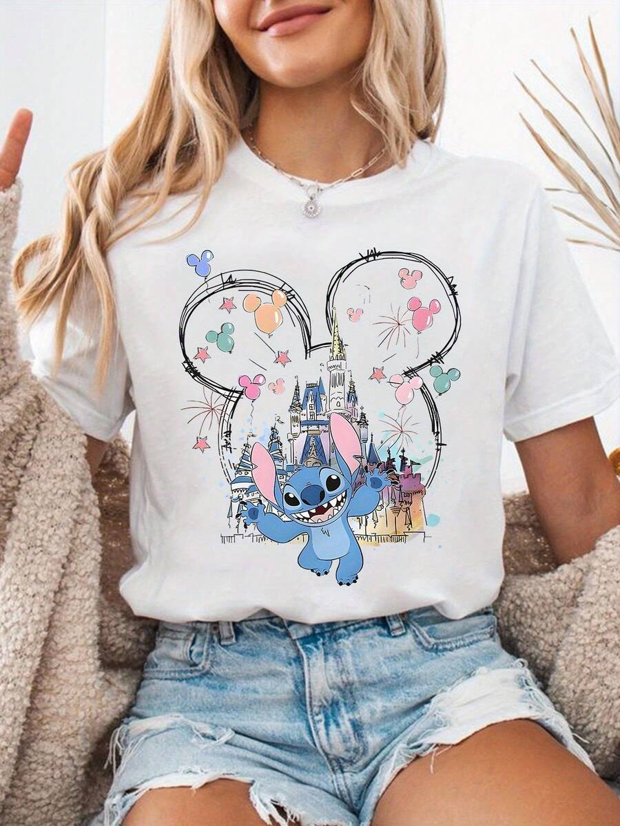 Disney T-shirt en coton pur à 100% style graphique simple et décontracté avec motif château Mickey Stitch - Doux et confortable col rond, manches courtes. Top mode streetwear pour toutes les saisons, streetwear décontracté - Blanc - Voir 1
