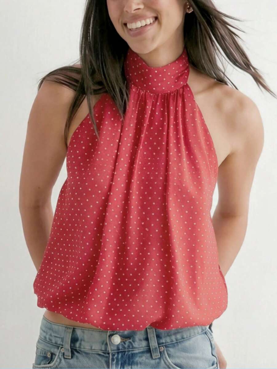 Women Cute Puffy Halterneck Top Sleeveless Open Back Tank Tops Fashion Button Neck Crop Tops Summer Y2K Loose Vest For Club Party Streetwear Going Out Outfit - 紅色波點 - 查看 1