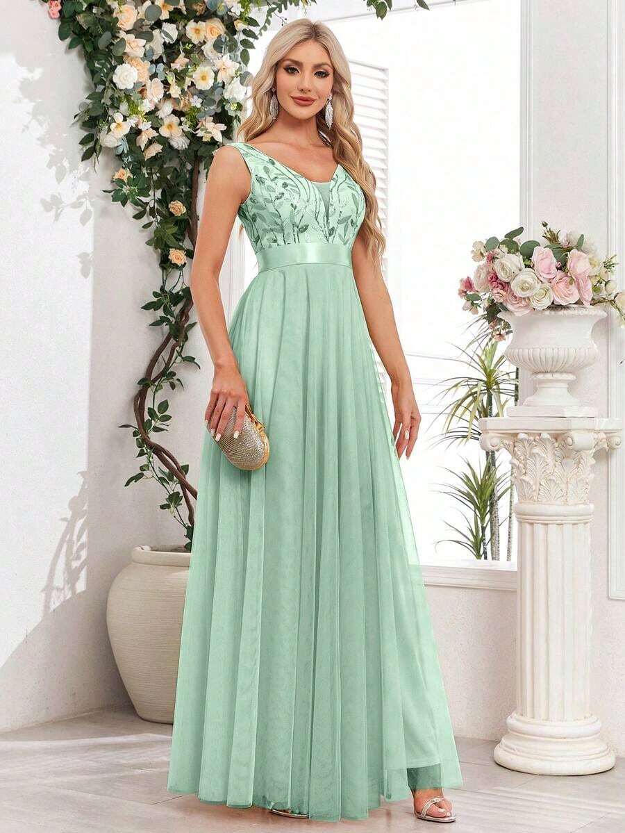 Vestido de dama de honor formal de línea A con escote en V sin mangas, bordado y de malla, vestido de fiesta elegante, vestido de invitado de boda formal, vestido de ceremonia de graduación, vestido de noche de primavera