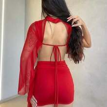 Elegant Women's Tulle Set • Flowing Sleeves + Shaping Short Skirt In Spandex • Party/Evening Look - Vibrant Red - View 2