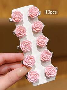 10Pcs Pink Sweet Rose Floral Hair Clips, Small And Cute, Suitable For Everyday Use Hair Additions Hair Accessories - Pink - View 4