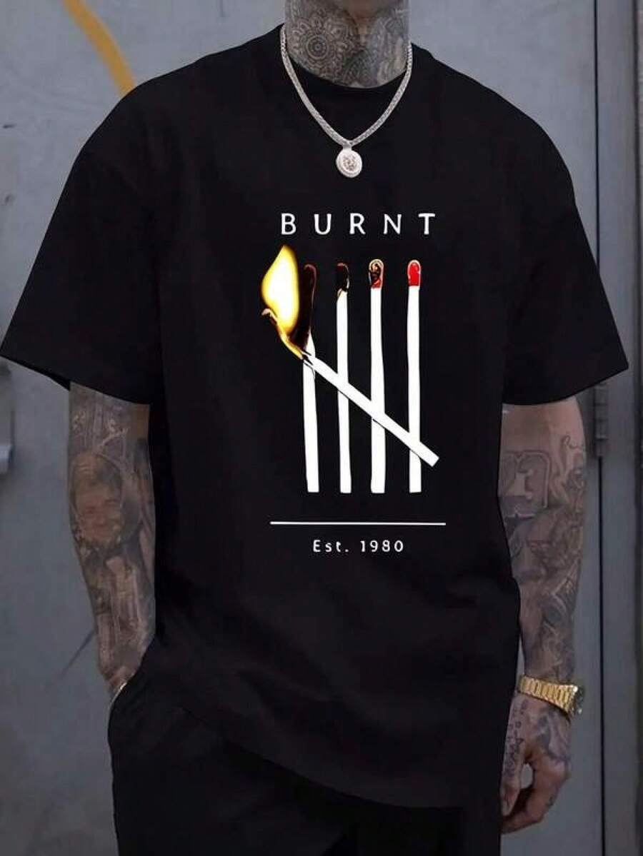 Men's Casual Summer T-Shirt - Short Sleeve, Crew Neck, Cigarette Graphic Burn Design, Black Cotton Top For Casual Wear, Weekend And Sports, Summer Top | Crew Neck T-Shirt | Cotton Fabric, T-Shirt - 黑色 - 查看 1
