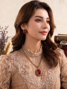 Conjunto de collar con colgante ovalado y aretes de cadena trenzada estilo palacio retro, lujoso y versátil - Multicolor - Ver 3