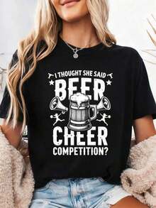 Pure Cotton T-Shirt "Cheer Dad Cheerleader Beer Competition Cheer Papa" - 黑色3 - 查看 7