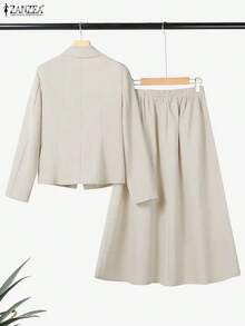 ZANZEA 2026 Spring Office Women 2 Piece Sets Elegant Long Sleeve Blazer Dress Suit Fashion Work OL Tracksuit Skirt Outfits For Business - 杏色 - 查看 6