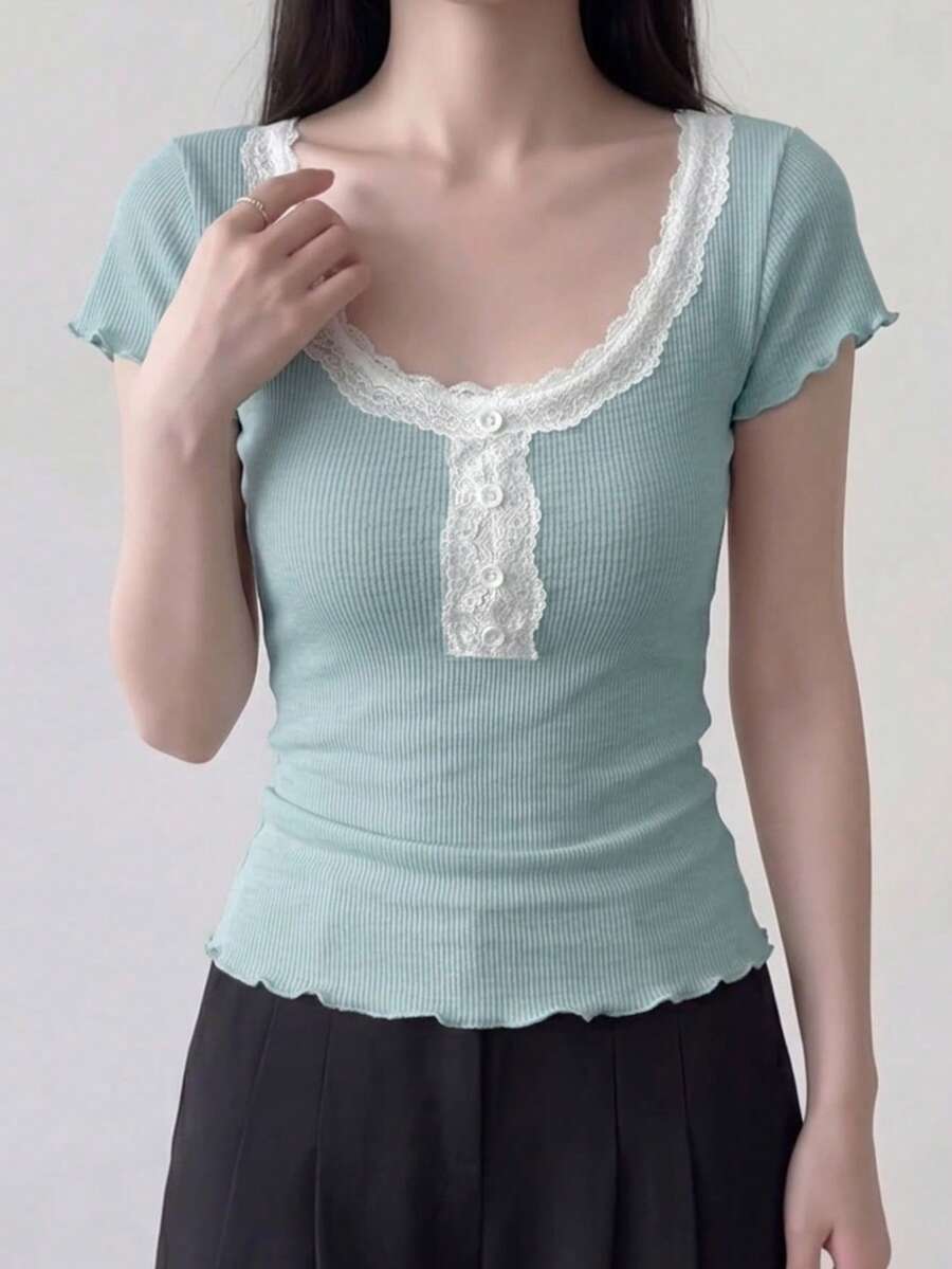 Camisa casual de manga corta con botones, elegante para primavera/otoño 2025 - Neblina azul - Ver 1