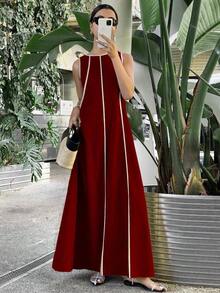 Vestido largo suelto sin mangas de unicolor para mujer, vestidos extra largos con paneles de colores contrastantes - Burdeos - Ver 1