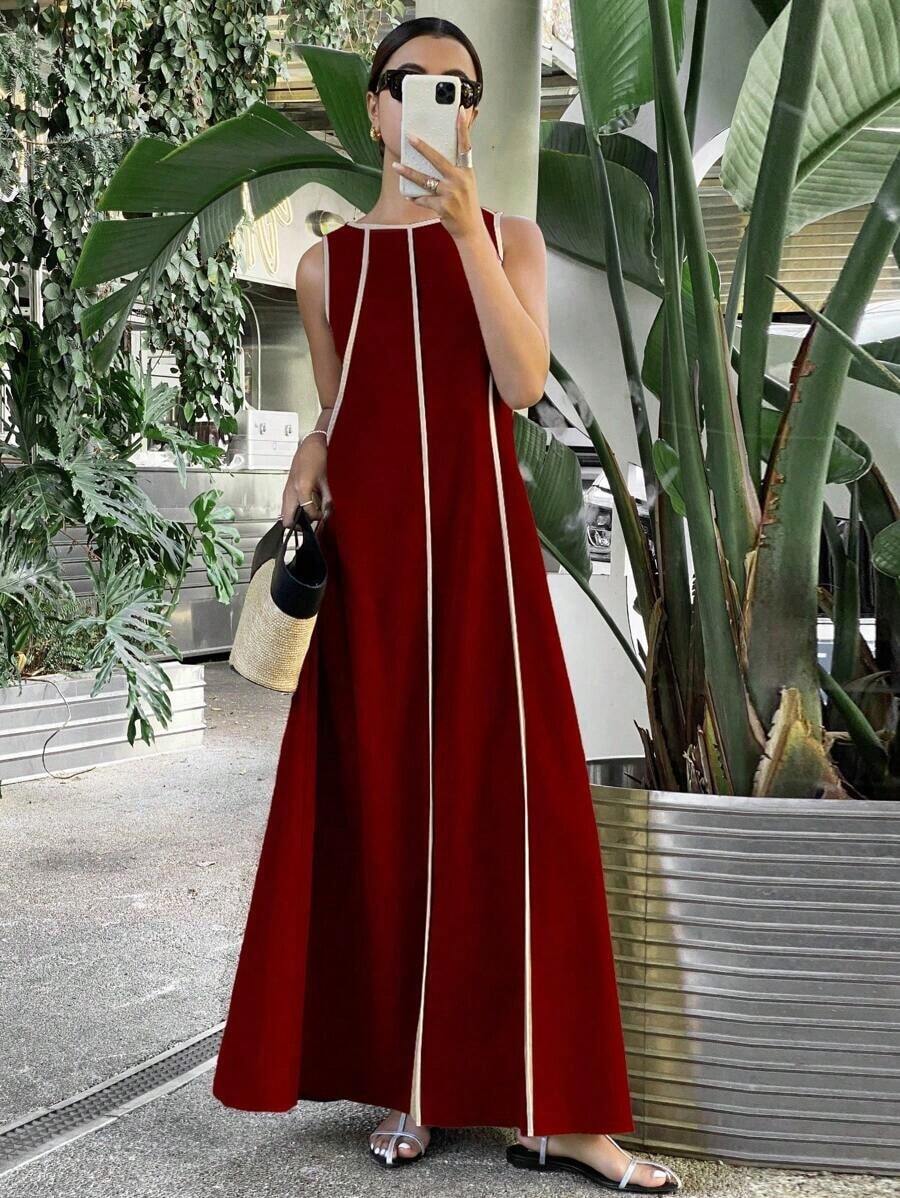 Vestido largo suelto sin mangas de unicolor para mujer, vestidos extra largos con paneles de colores contrastantes - Burdeos - Ver 1