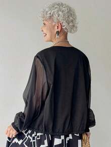 Chaqueta casual y versátil de mujer de color negro sólido con parches, dobladillo y puños de malla transparente, adecuada para salidas, viajes, vacaciones, otoño/invierno, ropa de mujer, abrigos de mujer - Negro - Ver 5