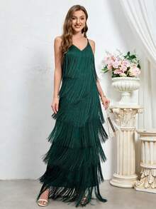 Women's Elegant Spaghetti Strap Tassel Cocktail Party Dress Wedding Fall - Dark Green - View 1
