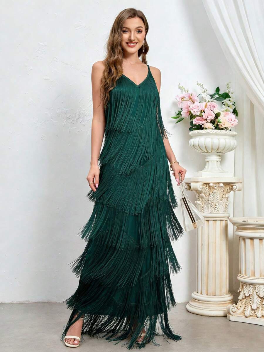 Women's Elegant Spaghetti Strap Tassel Cocktail Party Dress Wedding Fall - Dark Green - View 1