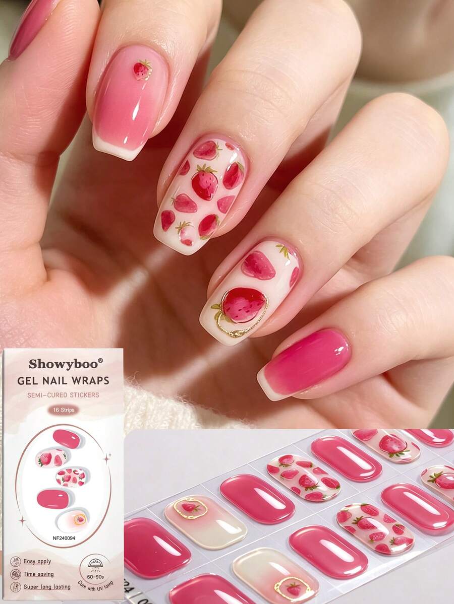 Showyboo Semi Cured Gel Nail Strips, 16 Pieces, Vibrant Fruit-Themed Collection Multiple Patterns Including Strawberry, Cherry And Tomato, Long-Lasting Wear, Versatile Nail Supplies Suitable For Commuting, Dates, Trips And Vacations