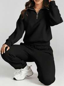 Women's Two-Piece Tracksuit With Half Zip And Matching Pants - 黑色 - 查看 6