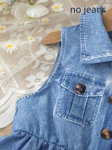 [Printed Effect, Non-Denim]Young Girl Fashion Casual Denim Like Faux Pocket Cartoon Animal & Flower Print Sleeveless Front Button-Down Collar A-Line Skirt Dress, Suitable For Daily Casual, Weekend Outings, School Daily Wear, Summer Girls Dress - Multicolor - View 5