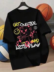 Camiseta adecuada tanto para fiestas como para uso diario os Jóvenes Cuello Redondo, Manga Corta, 100%, Tejido de Punto con Gráfico 'GET OUTSIDE AND LET'S PLAY' - Perfecta para Verano, Estilo Casual, Ligero Estiramiento A gift for a friend, and wearing it together with the friend,A? o nuevo,navidad, día de los muertos, día de la madre, día del ni? o, acción de gracias(1 piece). - Negro - Ver 7