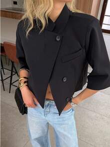 2026 New Women's Woven Fabric Pocket Short Sleeve Cropped Blazer Button Jacket Office Daily Minimalist Small Suit Early Autumn New Arrival - Black - View 15