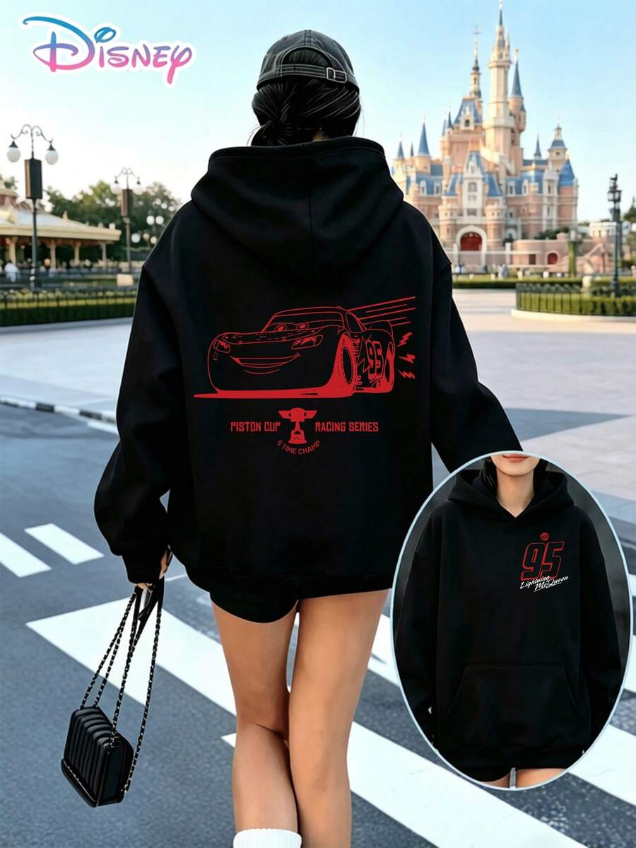 Disney Lightning McQueen Piston Cup Red Line Back‑Front Printed Hoodie With "Piston Cup Racing Series 5 Time Champ" Slogan. A Relaxed, Casual, And Versatile Unisex Top, Perfect For Holiday Gifting. (Unisex Autumn/Winter Clothing/Casual Everyday Outfits/Patterned Hoodies/Printed Tops/Casual Outfits For Disney‑Park Daily Wear) - màu đen - Xem 1