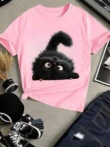 Printed T-Shirt, Short Sleeve And Round Neck, Casual Top For Summer And Spring - Grey - View 1