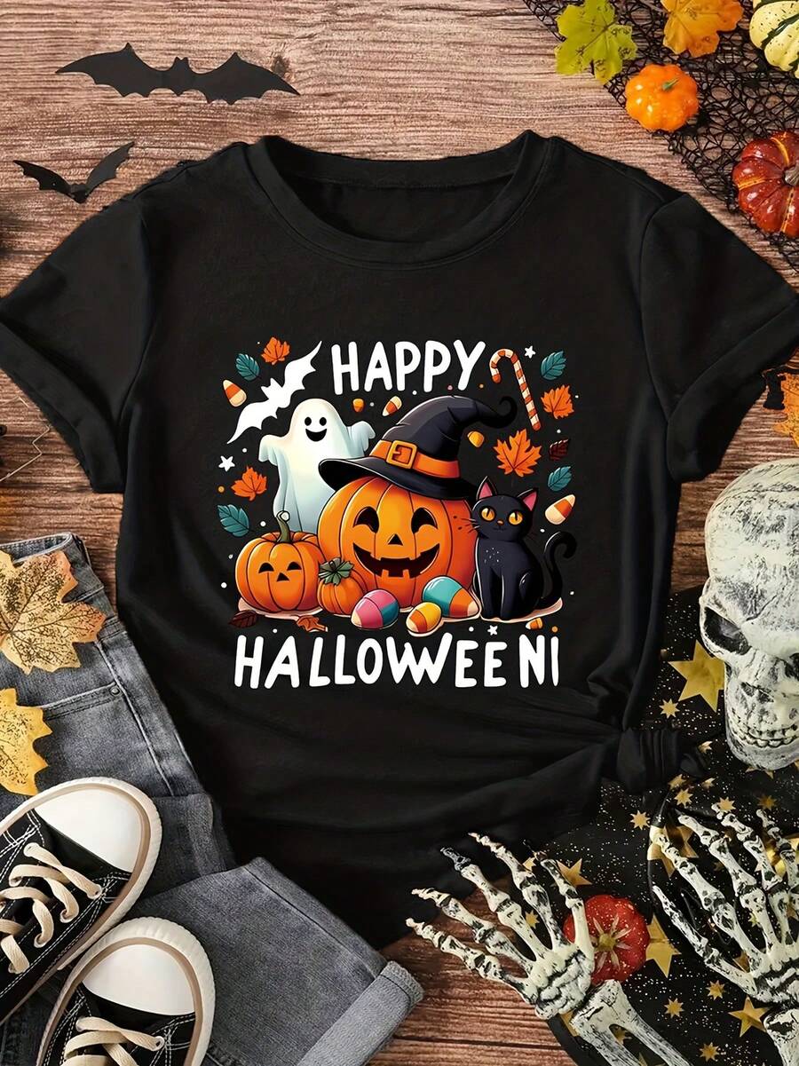 Women's Thanksgiving-Themed Short-Sleeved Crew Neck T-Shirt, Ideal For Spring And Summer, Made Of Lightweight And Soft Fabric, Perfect As A Birthday Gift, Gift For Friends, Gift For Sisters, Or Holiday Gift - 黑色 - 查看 1