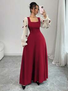 Vestido de mujer con parches tejidos, decoración de lazo y cintura ceñida - Rojo - Ver 6