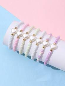 7pcs/Set Girls Exquisite Cute Heart & Star Decorated Colorful Beaded Bracelet Set, Multi-Layer Stackable Bracelets, Suitable For Girls To Wear At Parties, Gatherings, Daily Wear - one-size - View 9