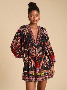 Vestido de gasa con cuello en V y manga larga con estampado floral para mujer, adecuado para vacaciones, estilo de vacaciones, estampado gráfico tejido, atuendos casuales de verano para vacaciones, atuendos de vacaciones en la playa bohemia, ropa bohemia chic, atuendos de festivales de vacaciones, atuendos de playa para mujer, atuendos de verano para mujer, atuendo de graduación, atuendos de cumpleaños para mujer, artículos esenciales de playa, atuendo de aeropuerto para mujer, vestido de té, vestido de cumpleaños, vestido de verano, verano europeo, ropa bohemia para mujer, vestido elegante para mujer - Multicolor 3 - Ver 5
