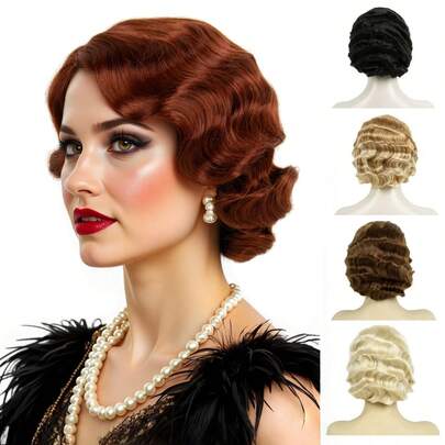 Peluca retro de los años 20 estilo flapper, peluca corta ondulada y rizada de los años 20, cabello sintético marrón, negro y dorado brillante para fiestas de Navidad, fiestas diarias, Halloween, Año Nuevo, disfraces, anime y cosplay, REEWES