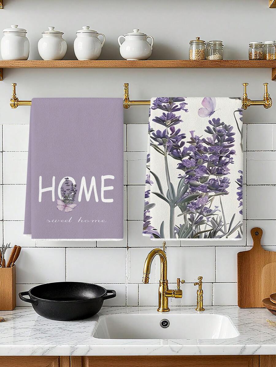 2 Pcs Purple Lavender & Butterfly Pattern Kitchen Towels Rustic Cottage Style Dish Towels Can Be Used In Kitchen Drying Hand Towels Tea Towels Suitable For Farmhouse Kitchen Home Indoor Dish Drying - Mauve Purple - View 1