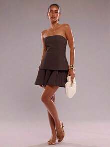 Vestido mini elegante de unicolor con dobladillo plisado para mujer, verano - Burdeos - Ver 10