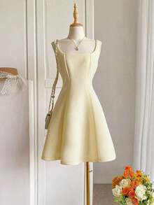 Vestido corto sin mangas de unicolor elegante para mujer, verano - Amarillo - Ver 6