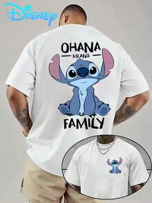Disney Stitch And "OHANA MEANS FAMILY" Cartoon Men's T-Shirt - Fashionable And Fun Pattern Design For Men, Breathable And Lightweight, White, Casual Short-Sleeved T-Shirt, Suitable For Sports, Travel, Parties - The Perfect Gift For Disney Fans, Disney T-Shirt - 白色 - 查看 6