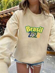 Women's Casual Crew Neck Sweatshirt With Brazil 2026 Football Print, Versatile Long-Sleeved Crew Neck Top, Machine Washable, Suitable For All Seasons, Women's Clothing, Cheapest, World Cup And Elections - Màu be - Xem 3