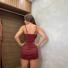 Short Dress With Thin Straps And A Fitted Draped Skirt, Women's Dress For Clubbing, Party, Elegant Short Dress For Evening, Short Dress With Tie At The Back, Bodycon Dress, Dress For Going Out To Dinner Or A Bar, Modern Fitted Short Women's Dress, Women's Party/Evening Outfit. - Gỗ đỏ - Xem 2