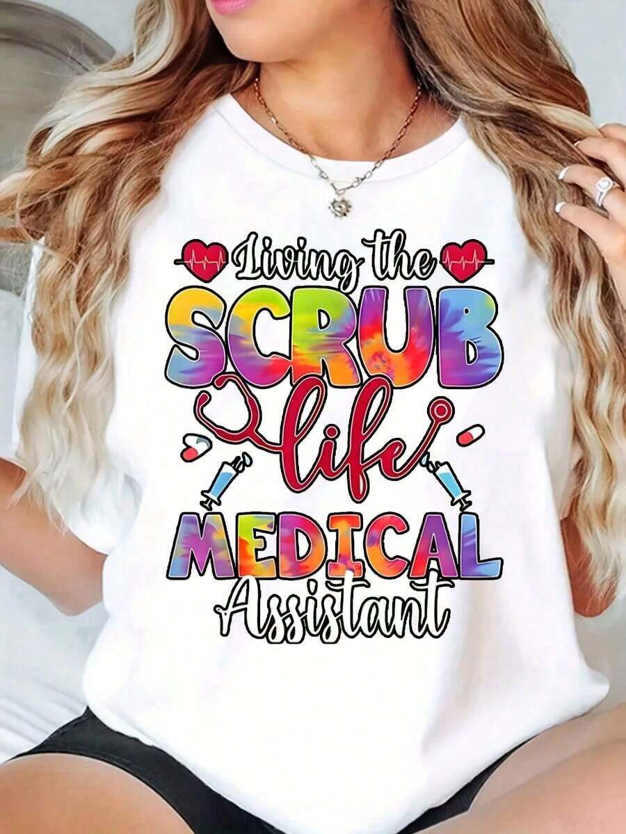 Women's Short-Sleeved, Round-Neck T-Shirt Printed With The Words "Life In Surgical Gowns", Suitable For Medical Assistants, Casual And Versatile For Summer. - 白色 - 查看 1