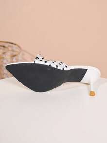 2026 Sommer Neu Weiß mit schwarzen Polka Dots Satin Schleife Spitzschuh Stiletto Absatz Mule Pantoffeln für Damen, vielseitige Pendler Schuhe - Weiss - Übersicht 8