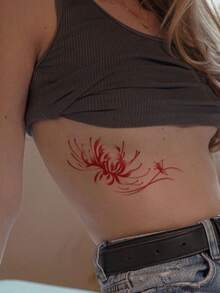 1 Tattoo Sticker, Simple Red Line Spider Lily Butterfly Horizontal Artistic Tattoo Pattern, Temporary Tattoo Sticker, Washable PVC, Disposable, Waterproof, Sweatproof, Suitable For Palms, Arms, Waist, Abdomen, Back, Legs, Non-Reflective, Realistic Tattoo Design, Suitable For Travel, Music Festivals, Gaming, Graduation Gifts, Daily Use, Lasts 3-5 Days - Red - View 5