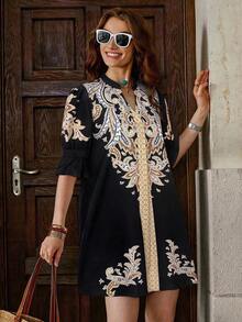Clasi Vestido elegante con estampado floral y escote calado para mujeres, vestidos de graduación para mujeres, vestido de cintura baja, estilo boho country, ropa de mujer boho - Negro - Ver 5